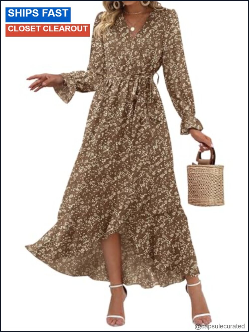 Boho Floral Puff Long Sleeve Wrap Midi Dress with Belt